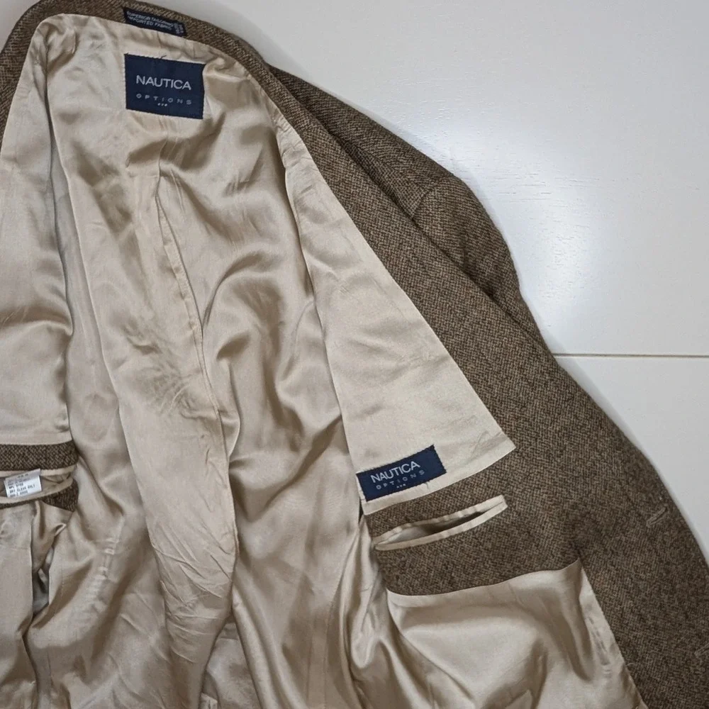 Nautica Options Wool Blazer Brown Herringbone Mens 44R Sport Coat‎ Jacket